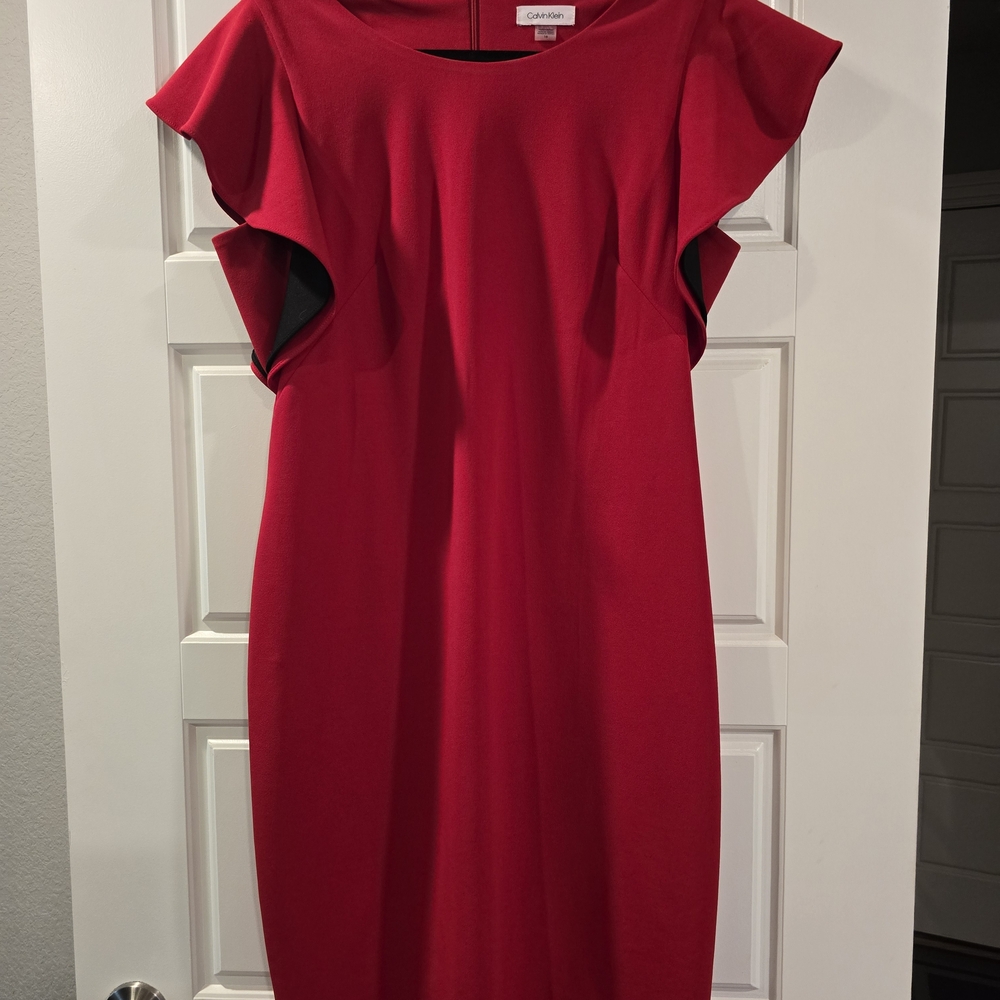 Calvin Klein Vibrant Red Ruffle Sleeve Midi Dress